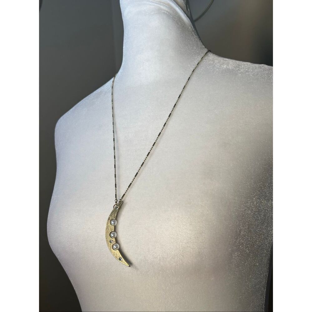 FCI Gold Tone Textured Crescent Moon Faux Pearl Rhinestone Necklace Earring Set